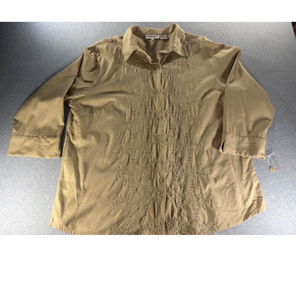 Vicki Wayne Tan Linen Blend Floral Embroidered Button Front Shirt 20W Plus Size